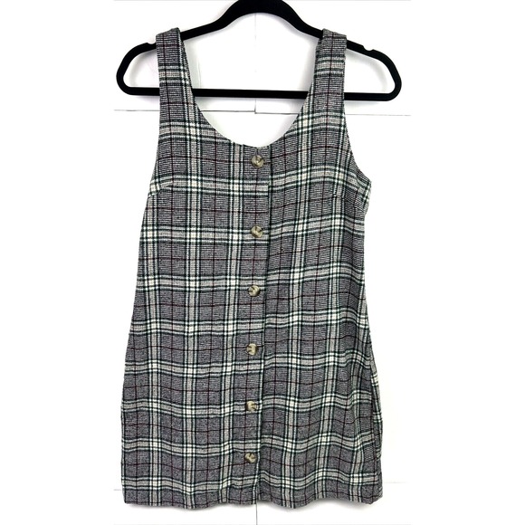 Copper Key Women's Blouse Dress Size Medium Gray Green Red Plaid Button Down - Picture 1 of 6